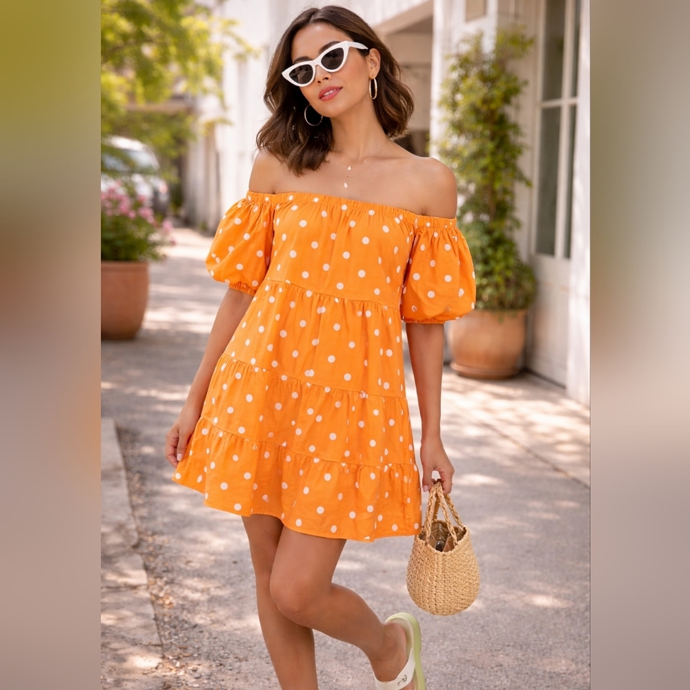 Color Me Courtney Polka Dot Off-Shoulder Tiered Mini Dress – XS – Citrus Pop